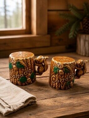 Vintage Canada Squirrel Log Salt Pepper Shakers Japan Souvenir 1970s Pair